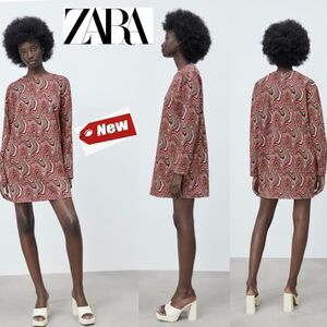 Zara multicoloured jacquard long sleeve round neck mini dress Sz M NWT